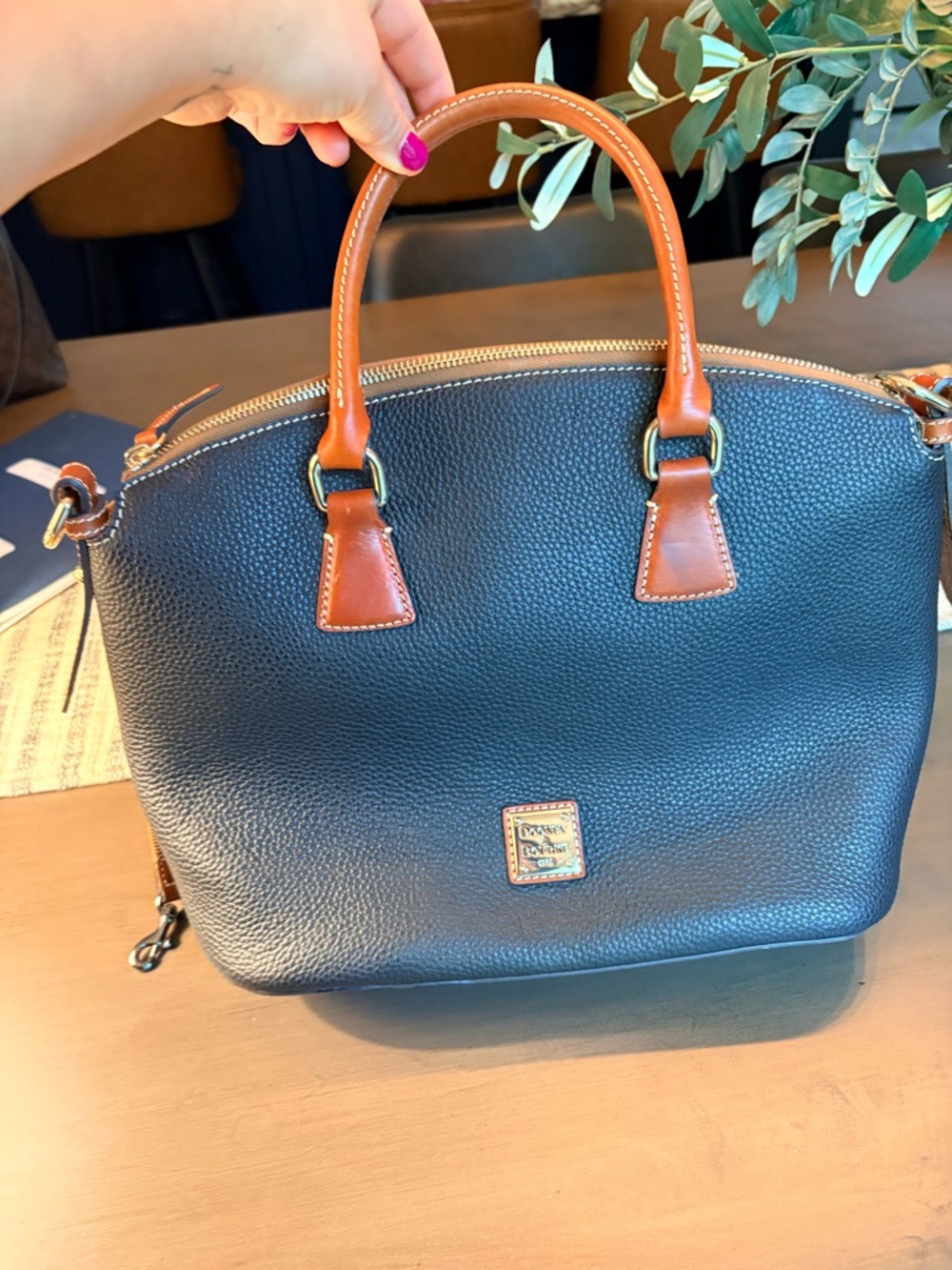 Dooney & Bourke Black Pebbled Leather Dome with Brown Trim